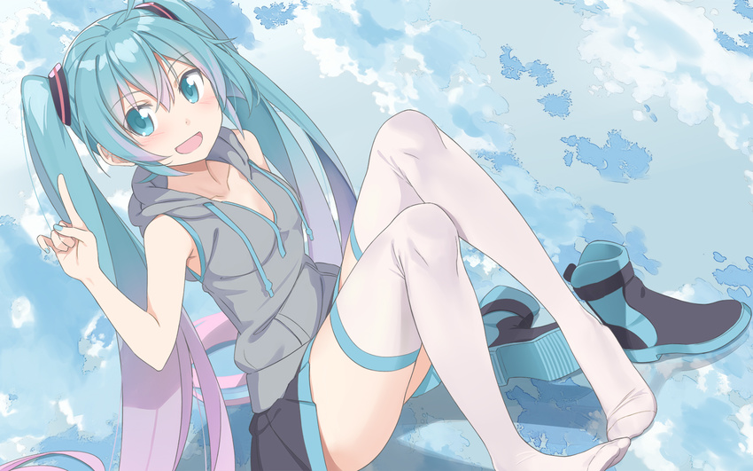 aqua_eyes aqua_hair beek commentary_request hatsune_miku highres hood hoodie index_finger_raised long_hair looking_at_viewer nail_polish open_mouth pigeon-toed shoes_removed sitting sleeveless sleeveless_hoodie solo thighhighs twintails very_long_hair vocaloid white_legwear