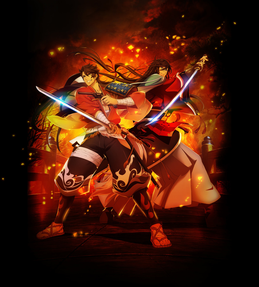 black_hair embers gun highres izumi-no-kami_kanesada japanese_clothes katana katsugeki/touken_ranbu long_hair male_focus multiple_boys mutsu-no-kami_yoshiyuki official_art sword touken_ranbu weapon