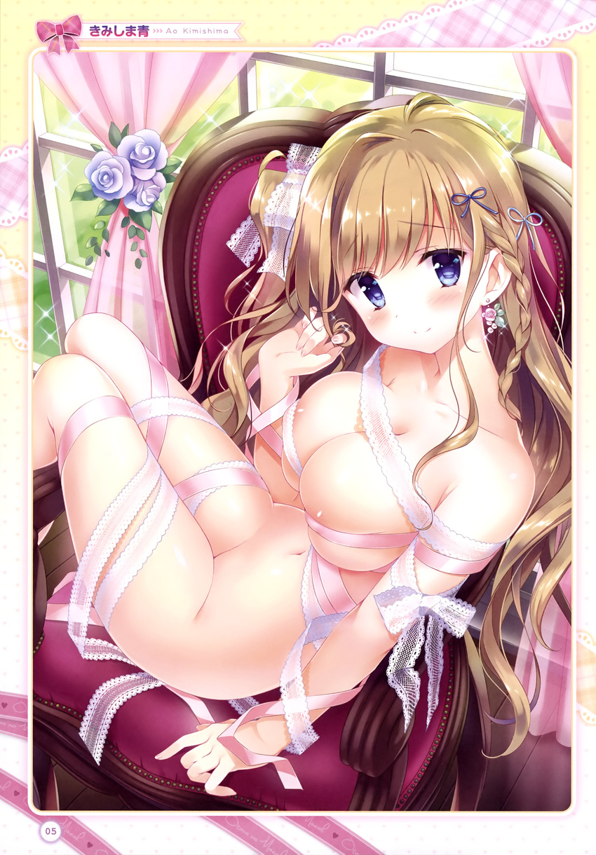 absurdres areola_slip areolae arm_at_side armchair artist_name bare_shoulders blue_eyes blush bow braid chair closed_mouth collarbone covered_nipples curtains dengeki_moeou earmuffs fingernails flower glint groin hair_bow hair_twirling highres kimishima_ao lace-trimmed_bow legs_together light_brown_hair long_hair looking_at_viewer naked_ribbon navel pink_ribbon purple_flower purple_rose ribbon rose scan shiny shiny_skin side_braid side_ponytail single_hair_intake smile solo stomach tareme wavy_hair window
