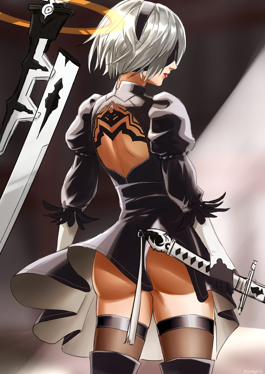 ass back_cutout black_dress black_gloves black_legwear blindfold boots cowboy_shot dress from_behind gloves highres holding holding_sword holding_weapon jamg336 lipstick long_sleeves makeup nier_(series) nier_automata puffy_long_sleeves puffy_sleeves short_hair silver_hair solo sword thigh_boots thighhighs weapon yorha_no._2_type_b