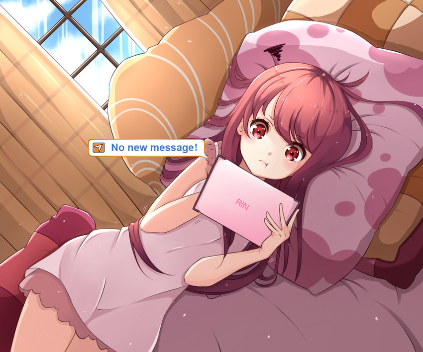 :t bangs c_turtle character_name cowboy_shot curtains dutch_angle english long_hair lying nightgown on_bed on_side pillow pout red_eyes red_hair rin_(shelter) shelter_(music_video) solo swept_bangs tablet window