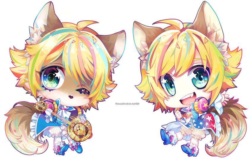 animal_ears blonde_hair blue_eyes chibi dual_persona full_body headphones highlights male_focus multicolored_hair one_eye_closed open_mouth sebychu show_by_rock!! shu_zo_(show_by_rock!!) smile star tail transparent_background