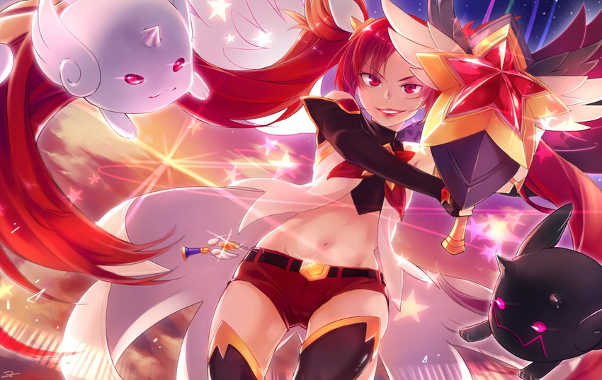 1girl alternate_costume alternate_hair_color alternate_hairstyle elbow_gloves fingerless_gloves gloves jinx_(league_of_legends) kuro_(league_of_legends) league_of_legends lipstick long_hair magical_girl red_hair shiro_(league_of_legends) solo star_guardian_jinx thighhighs tied_hair twintails very_long_hair weapon