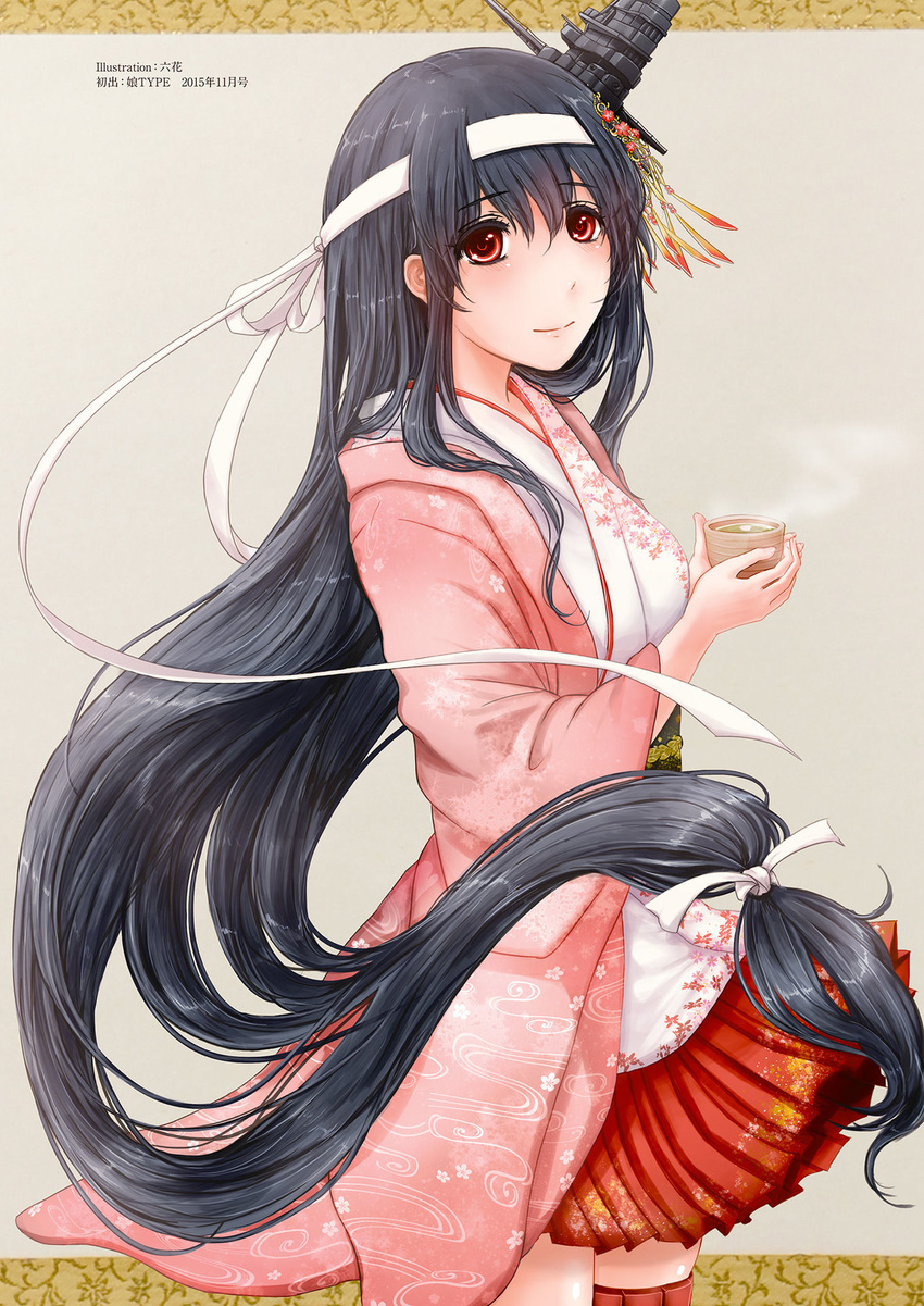 2015 artist_name bangs black_hair blush breasts cherry_blossoms cup eyebrows_visible_through_hair floral_print flower fusou_(kantai_collection) green_tea hair_flower hair_ornament hair_ribbon highres holding holding_cup japanese_clothes kantai_collection kimono light_brown_background long_hair looking_at_viewer low-tied_long_hair medium_breasts miniskirt nontraditional_miko obi official_art pagoda pink_kimono red_eyes red_skirt remodel_(kantai_collection) ribbon rikka_(rikka331) sash simple_background skirt smile smoke solo tea teacup text_focus very_long_hair white_ribbon