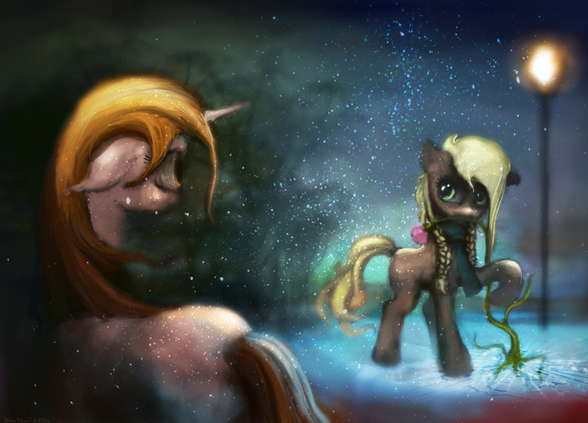 black_fur blodne_hair blurred_background duo equine female feral fur horn mammal night outside smile snow unicorn vitaj