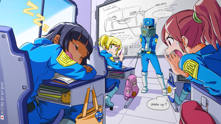 ... 3girls artist_name black_hair blue_eyes blush book brown_eyes brown_hair chair classroom commentary dark_skin dated day del desk english_commentary english_text eyes_(nuclear_throne) eyes_closed gloves green_eyes highres holding holding_book holding_pencil indoors inspector_(nuclear_throne) japanese_flag keychain looking_at_another looking_back multiple_girls nuclear_throne number office_chair open_book open_mouth pencil pencil_case pointer ponytail profile rogue_(nuclear_throne) school_desk short_hair sitting sleeping snow_tank speech_bubble spoken_ellipsis standing sweatdrop thought_bubble twintails uniform white_gloves window zzz