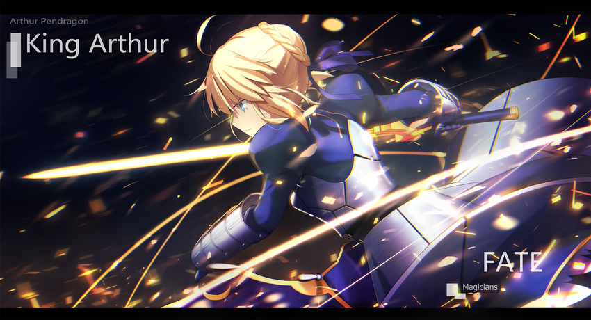 ahoge armor artist_name artoria_pendragon_(all) bangs blonde_hair blue_dress braid braided_bun breastplate character_name commentary_request copyright_name dress excalibur fate/stay_night fate_(series) french_braid from_side gauntlets glowing glowing_sword glowing_weapon green_eyes hair_bun highres holding holding_sword holding_weapon juliet_sleeves letterboxed long_sleeves magicians_(zhkahogigzkh) puffy_sleeves saber sidelocks solo sparks sword weapon