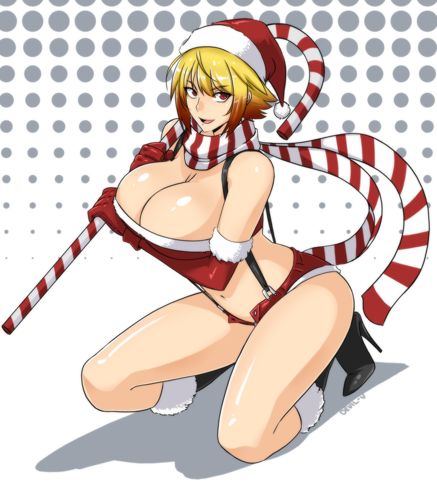 &gt;:) bangs bare_shoulders black_footwear blonde_hair boots breast_hold breasts brown_hair candy candy_cane cleavage commentary devil-v elbow_gloves food from_side full_body fur_trim gloves gradient_hair hat high_heel_boots high_heels highres kneeling large_breasts looking_at_viewer looking_to_the_side multicolored_hair navel original parted_lips red_eyes red_gloves sack santa_hat scarf short_hair short_shorts shorts smile solo stomach striped striped_scarf suspender_shorts suspenders unbuttoned v-shaped_eyebrows