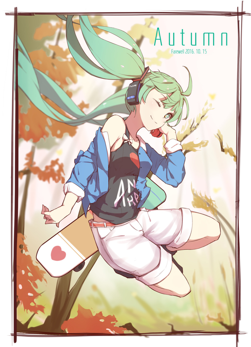 2016 ;) ahoge aqua_hair arm_at_side autumn bangs bare_shoulders black_footwear blue_jacket blurry boots border bow breasts closed_mouth clothes_writing dated depth_of_field english eyebrows_visible_through_hair eyelashes floating_hair full_body green_eyes green_hair hair_ornament hand_on_headphones hatsune_miku headphones heart highres jacket jumping long_hair looking_at_viewer medium_breasts off_shoulder one_eye_closed open_clothes open_jacket outdoors shorts skateboard sleeves_rolled_up smile solo tree twintails very_long_hair vocaloid white_bow white_shorts zhayin-san