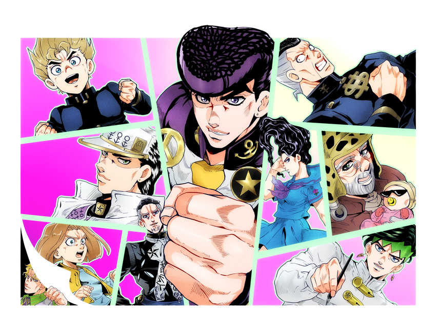 6+boys absurdres anchor_symbol baby black_hair blonde_hair blue_eyes brown_hair clenched_hand clenched_hands dollar_sign earrings facial_hair foreshortening formal fungami_yuuya gakuran glasses green_hair grey_hair hat headband higashikata_jousuke highres hirose_kouichi imaru_(yashiro19950425) jewelry jojo_no_kimyou_na_bouken joseph_joestar kawajiri_hayato kira_yoshikage kishibe_rohan kuujou_joutarou light_brown_hair long_hair multicolored_hair multiple_boys multiple_girls necktie nijimura_okuyasu open_mouth peace_symbol pen pompadour purple_eyes purple_hair school_uniform serafuku shizuka_joestar star stud_earrings suit turtleneck two-tone_hair vest wavy_hair yamagishi_yukako yen_sign