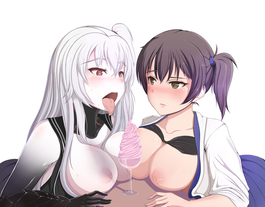 absurdres aircraft_carrier_oni asymmetrical_docking black_bra black_gloves blush bra bra_lift breast_press breasts brown_eyes brown_hair commentary food gloves highres ice_cream jay87k kaga_(kantai_collection) kantai_collection large_breasts multiple_girls nipples one_side_up open_clothes pale_skin red_eyes side_ponytail sweat tongue tongue_out underwear white_hair