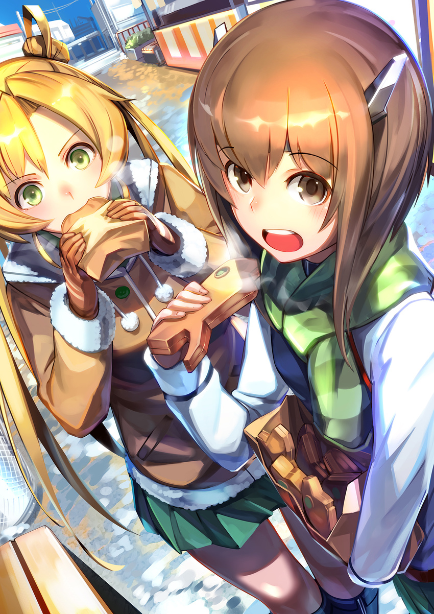 abukuma_(kantai_collection) bag bangs bench biting black_footwear blonde_hair blue_sky boots bread breasts breath brown_gloves brown_hair brown_jacket building cold day donarudo drawstring dutch_angle eating eyebrows_visible_through_hair fingernails food food_request from_above fur_trim gloves green_eyes green_scarf hair_bun hair_rings headgear highres holding holding_food house jacket kantai_collection long_hair long_sleeves looking_at_viewer miniskirt multiple_girls open_mouth outdoors paper_bag planter pleated_skirt pocket power_lines railing road scarf shiny shiny_hair shop short_hair skirt sky small_breasts snow standing street taihou_(kantai_collection) thigh_gap twintails winter