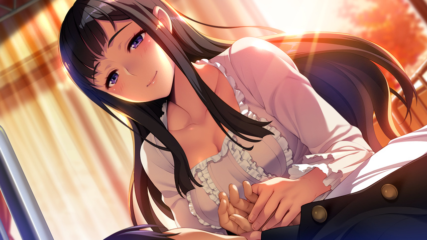 1girl bed black_hair blush breasts cleavage collarbone curtains game_cg hamashima_shigeo highres indoors large_breasts long_hair long_sleeves looking_at_another lying ootori_yuriko original purple_eyes school_uniform shinsou_noise:_jushin_tantei_no_jikenbo sitting solo_focus sunlight window