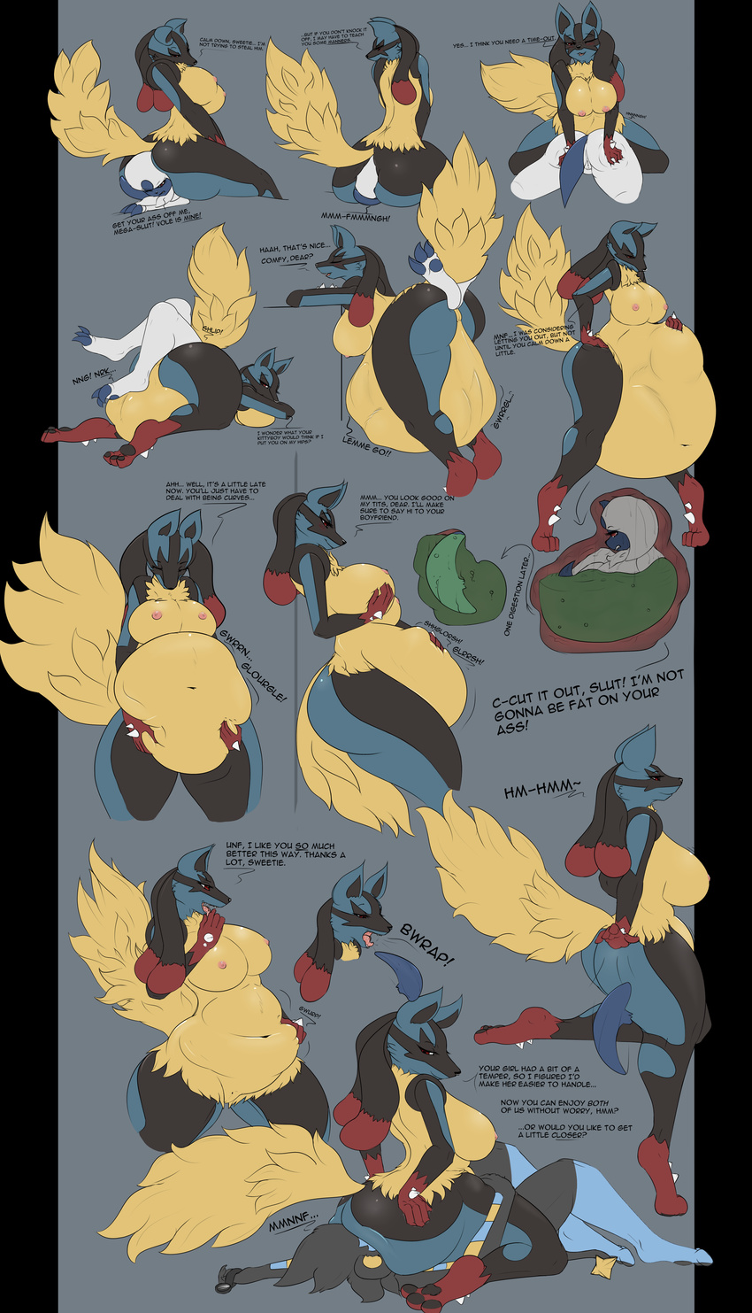 2016 absol all_the_way_through anal_vore anthro asaneman belly big_belly big_breasts big_butt breast_expansion breasts butt butt_expansion death dialogue digestion domination english_text expansion facesitting fatal female female_domination internal luxray mega_evolution mega_lucario nintendo nipples overweight pok&eacute;mon pussy text video_games vore weight_gain