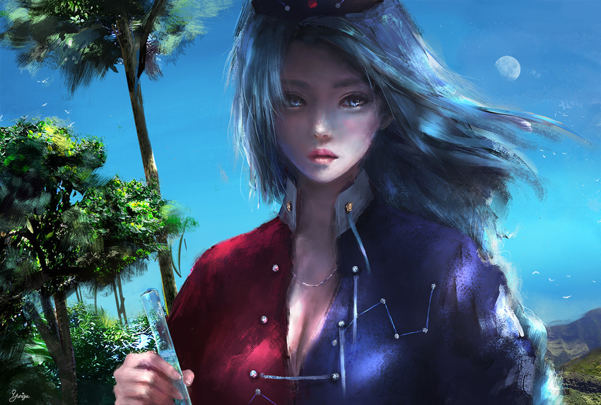 blue_eyes blue_sky breasts cleavage commentary_request day expressionless gibbous_moon large_breasts lips long_hair looking_at_viewer moon multicolored_shirt outdoors parted_lips silver_hair sky solo test_tube touhou tree upper_body wind yagokoro_eirin yuriya_(riyuclock_19)