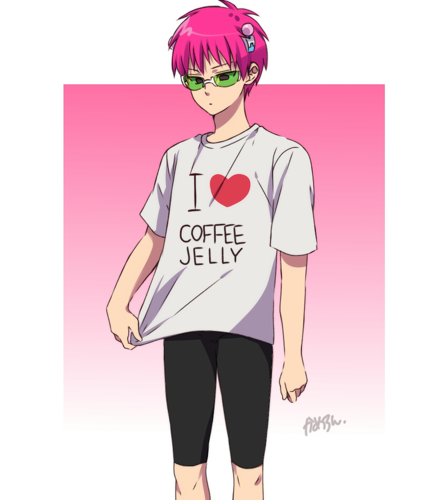 antennae bike_shorts clothes_writing heart highres kameron male_focus pink_hair saiki_kusuo saiki_kusuo_no_psi_nan shirt solo sunglasses t-shirt