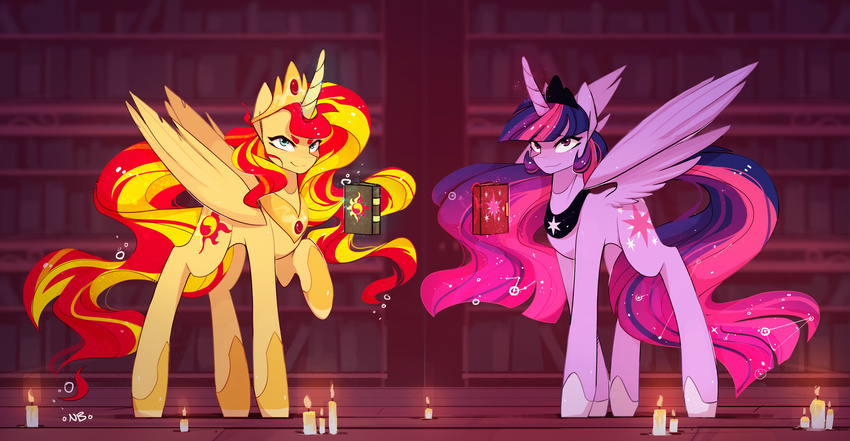 2016 absurd_res book candle crown cutie_mark duo equestria_girls equine feathered_wings feathers female feral friendship_is_magic green_eyes hair hi_res horn inside jewelry levitation long_hair looking_at_viewer magic mammal multicolored_hair my_little_pony necklace novabytes purple_eyes smile standing sunset_shimmer_(eg) twilight_sparkle_(mlp) two_tone_hair winged_unicorn wings