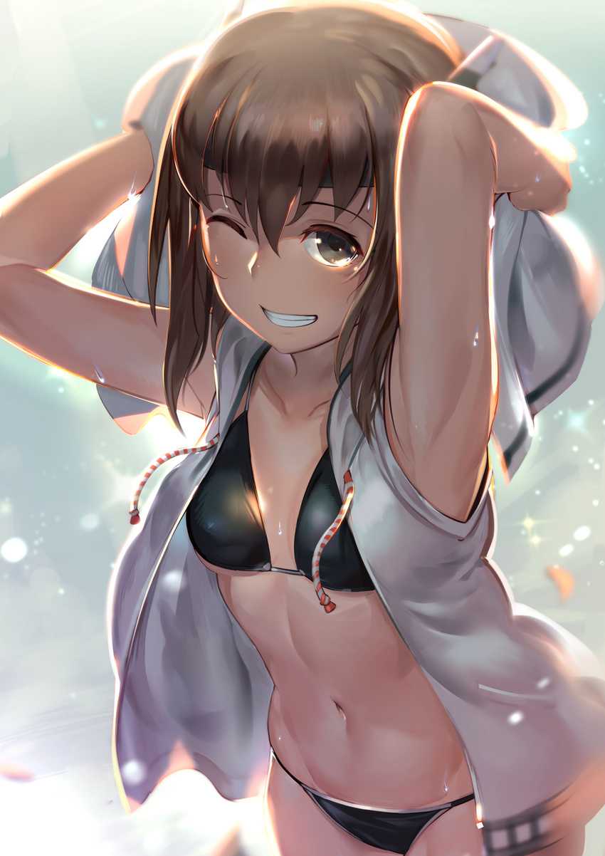 armpits arms_up backlighting bangs bikini bikini_under_clothes black_bikini black_eyes blurry breasts brown_hair cowboy_shot depth_of_field donarudo drawstring drying drying_hair eyebrows_visible_through_hair grin groin hair_between_eyes headband highres hood hood_down hooded_vest kantai_collection light_particles looking_at_viewer navel one_eye_closed open_clothes petals pocket sleeveless small_breasts smile solo stomach string_bikini swimsuit taihou_(kantai_collection) teeth towel towel_on_head underboob vest wet white_vest
