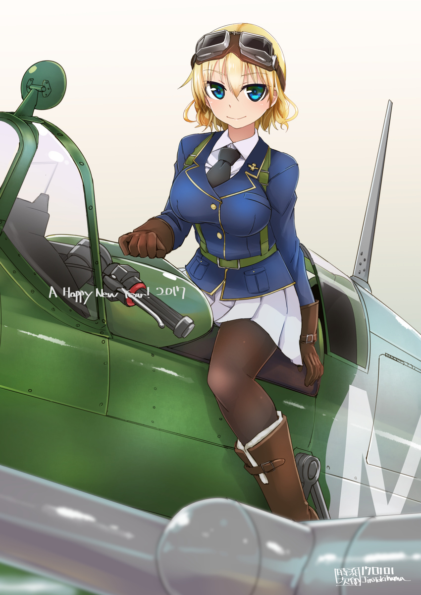 aircraft airplane aviator_girls belt blonde_hair blue_eyes boots breasts brown_footwear cockpit gloves goggles happy_new_year highres knee_boots large_breasts necktie new_year original pantyhose parachute pleated_skirt rivets shirt simple_background sitting skirt smile solo tokihama_jirou uniform white_background world_war_ii