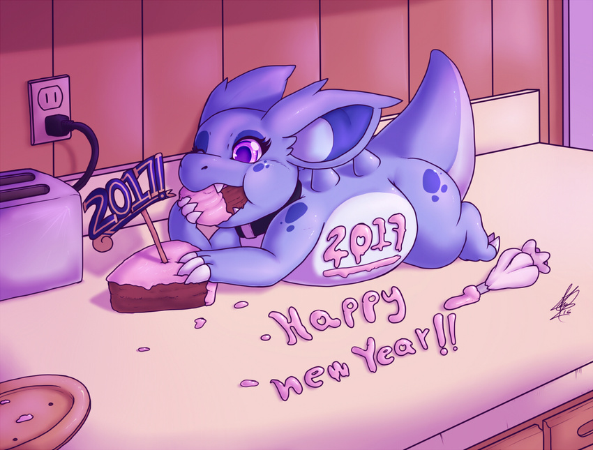 2016 belly blue_skin cake collar eating english_text fangs food lying nidorina nintendo nude on_front one_eye_closed open_mouth overweight pok&eacute;mon purple_eyes shikaro signature text toaster video_games wink