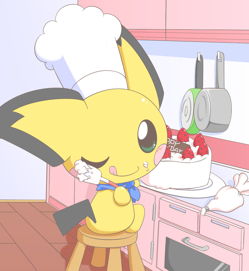 ambiguous_gender baking better_version_at_source cake cream cute food green_eyes hat kitchen looking_at_viewer mammal mouse nettsuu nintendo one_eye_closed pichu pok&eacute;mon pot_(disambiguation) rodent scarf smile stove tongue video_games wink