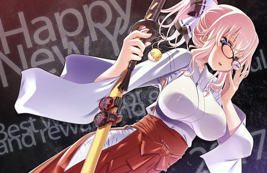 2017 adjusting_eyewear bangs bird black-framed_eyewear blue_eyes breasts chick commentary_request covered_nipples dutch_angle glasses hair_ribbon hakama happy_new_year highres holding holding_sword holding_weapon japanese_clothes katana large_breasts looking_at_viewer making_of miko new_year original pink_hair pleated_skirt ponytail red_skirt ribbon sakuya_tsuitachi sheath sheathed sidelocks skirt smile solo sword weapon white_ribbon wide_sleeves