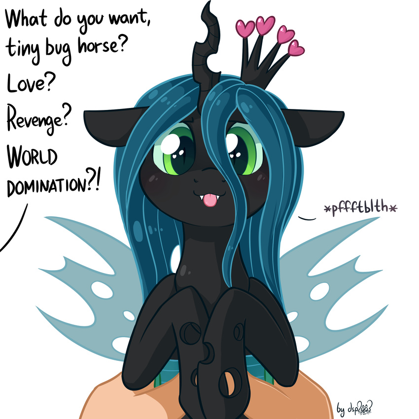 2016 changeling crown disembodied_hand dsp2003 english_text fangs female feral friendship_is_magic green_eyes green_hair hair horn looking_at_viewer my_little_pony queen_chrysalis_(mlp) simple_background solo text tongue tongue_out white_background