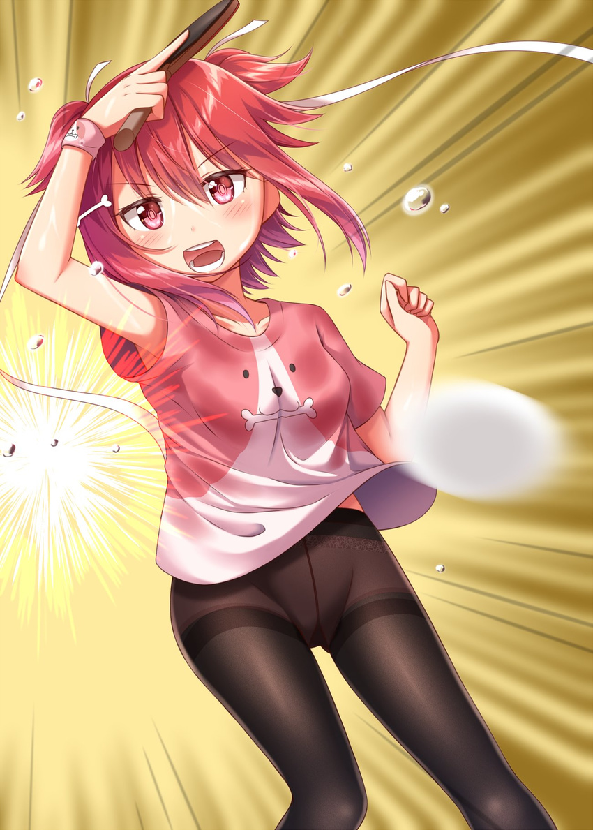 alternate_legwear animal_print armpit_peek ball bangs blush boyshorts commentary_request dog_print gurande_(g-size) gusset hair_between_eyes highres open_mouth paddle panties panties_under_pantyhose pantyhose pink_panties print_shirt shakunetsu_no_takkyuu_musume shirt solo sweat t-shirt table_tennis table_tennis_ball table_tennis_paddle teeth thighband_pantyhose tsumujikaze_koyori twintails underwear wristband