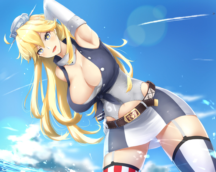 1girl :d armpits belt blonde_hair breasts cleavage cloud collar condom_wrapper corset day elbow_gloves garter_straps gloves hat iowa_(kantai_collection) kantai_collection large_breasts long_hair miniskirt mismatched_legwear open_mouth skirt sky smile solo symbol-shaped_pupils thighhighs tokorotn