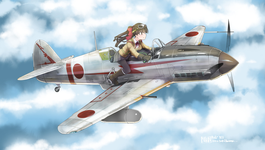 aircraft airplane aviator_girls boots bow breast_press brown_eyes brown_hair cloud commentary_request day flying gloves goggles hair_bow highres ki-61_hien original pantyhose pleated_skirt ponytail profile propeller sitting skirt solo tokihama_jirou world_war_ii