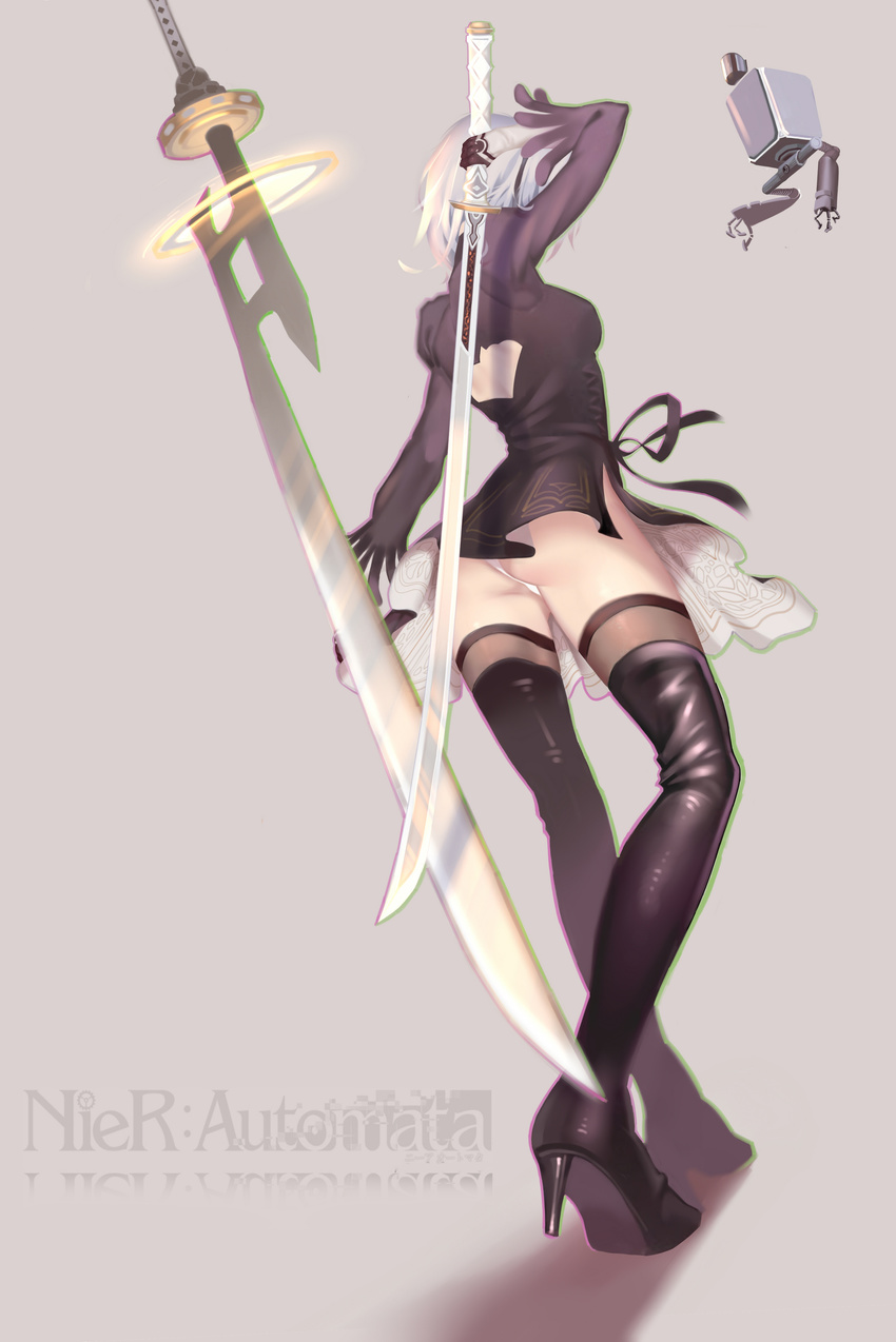 absurdres ass back_cutout black_dress black_footwear black_legwear boots chiwan_hewan copyright_name dress from_behind full_body high_heel_boots high_heels highres holding holding_sword holding_weapon leotard long_sleeves nier_(series) nier_automata pod_(nier_automata) short_dress short_hair sword thigh_boots thighhighs thighhighs_under_boots weapon white_hair white_leotard yorha_no._2_type_b