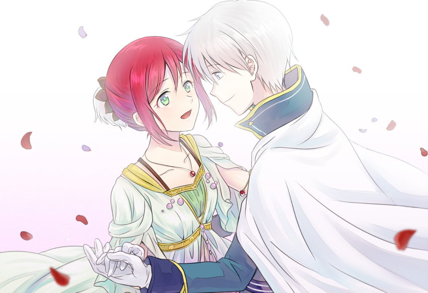 1girl akagami_no_shirayukihime blue_eyes cape collarbone couple dress eye_contact gloves gradient gradient_background green_eyes hair_ornament hetero holding_hands jewelry looking_at_another necklace petals red_hair rosa_tsubomi shirayuki_(akagami_no_shirayukihime) short_hair smile white_hair zen_wistalia