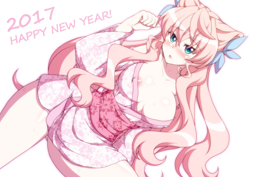2017 areola_slip areolae blue_eyes blush breasts breasts_apart commentary_request covered_nipples dutch_angle floral_print hair_ornament happy_new_year japanese_clothes kimono large_breasts leg_up long_hair looking_at_viewer maria_cadenzavna_eve new_year no_bra no_panties off_shoulder open_clothes open_mouth parted_lips pink_hair pink_kimono sash senki_zesshou_symphogear shiny shiny_hair shiny_skin short_kimono solo wide_sleeves zetsumu
