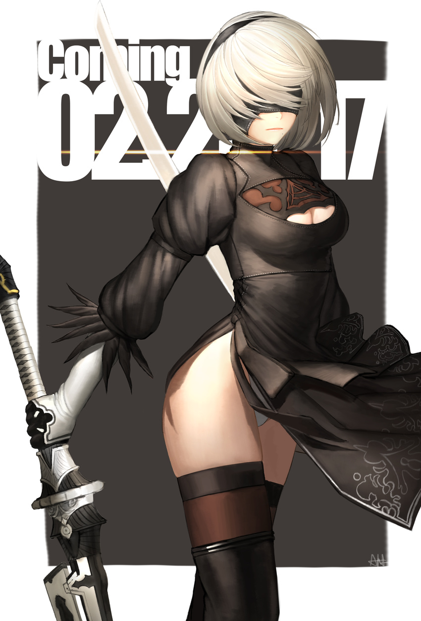 ahd black_dress black_footwear black_gloves black_hairband black_legwear blindfold boots breasts cleavage cleavage_cutout closed_mouth covered_eyes cowboy_shot dress dual_wielding gloves hair_over_eyes hairband highres holding holding_sword holding_weapon juliet_sleeves legs_together lips long_sleeves medium_breasts mole mole_under_mouth nier_(series) nier_automata panties pantyshot pantyshot_(standing) puffy_sleeves short_hair side_slit signature silver_hair solo standing sword thigh_boots thighhighs turtleneck underwear vambraces weapon white_panties yorha_no._2_type_b