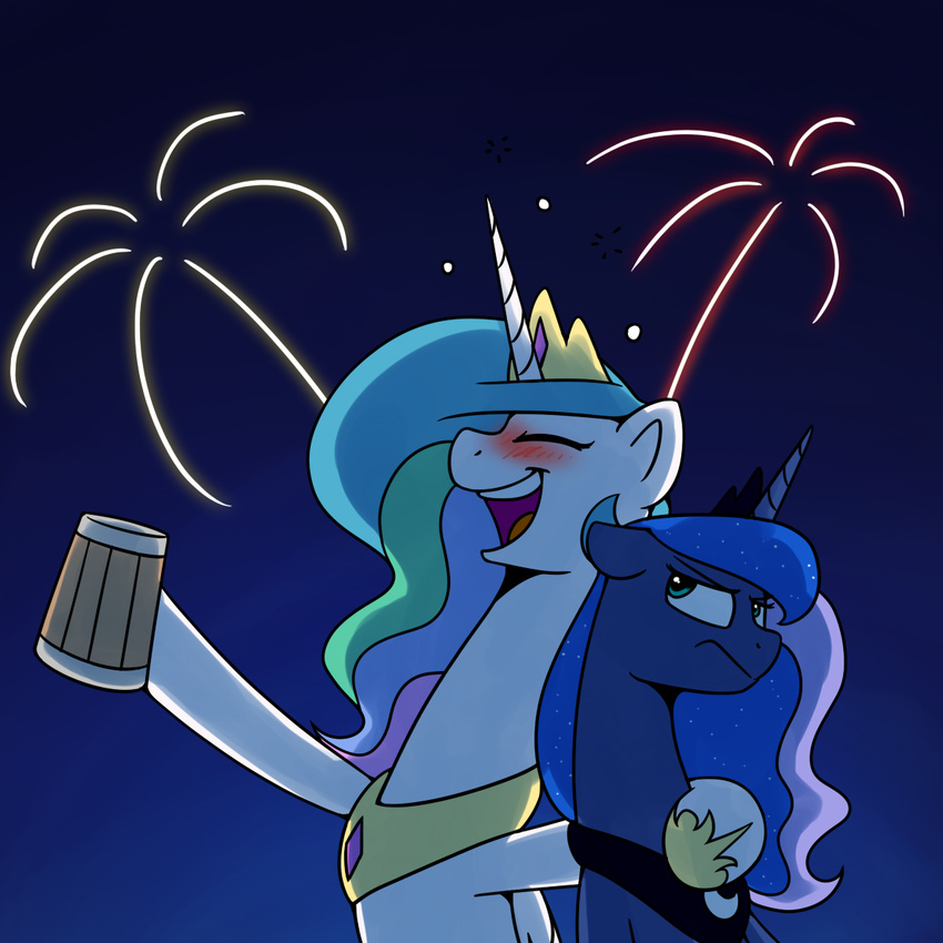 2017 blue_eyes blue_fur blue_hair crown drunk duo equine feathered_wings feathers female feral fireworks friendship_is_magic fur hair horn jewelry mammal multicolored_hair my_little_pony necklace princess_celestia_(mlp) princess_luna_(mlp) silfoe unicorn white_feathers white_fur winged_unicorn wings