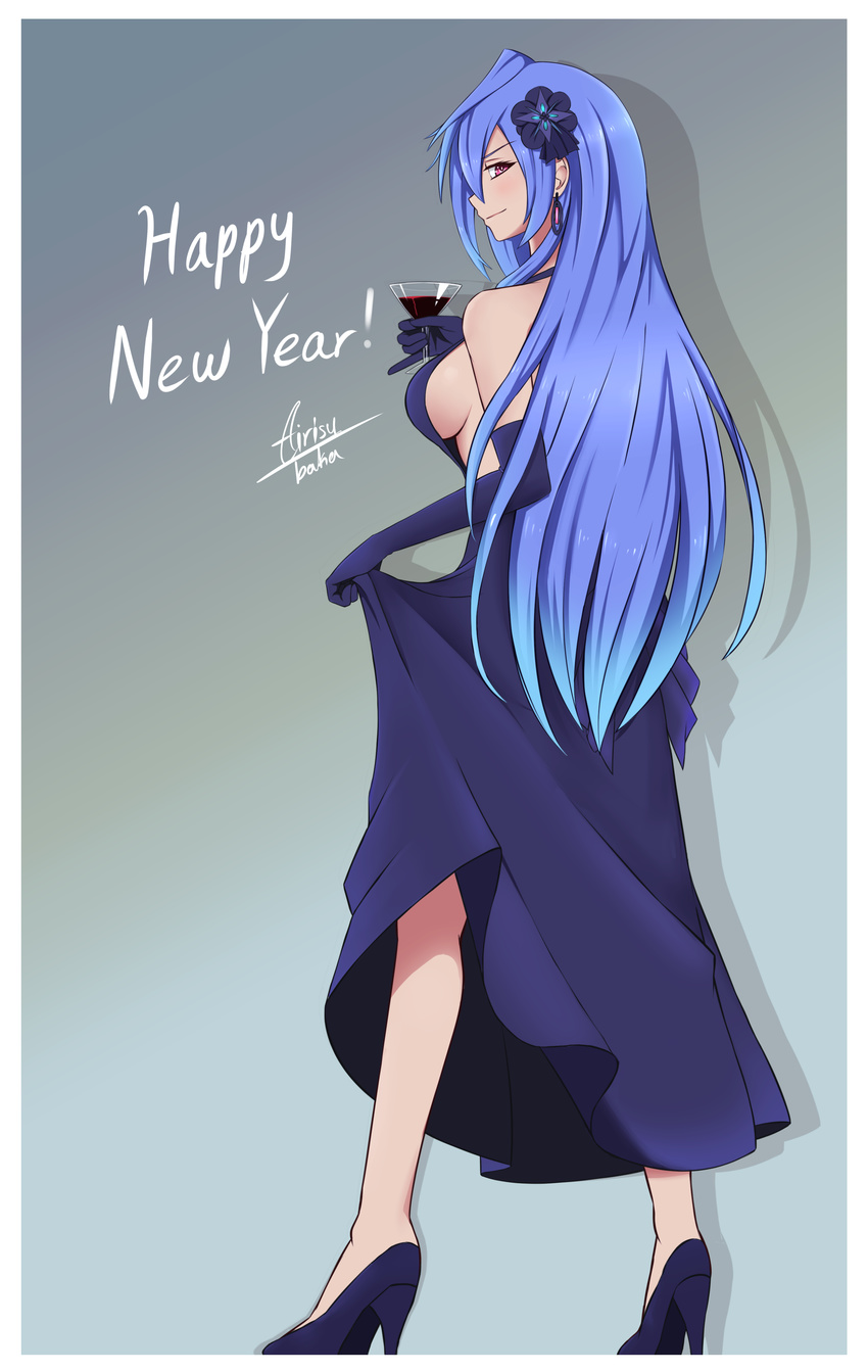 absurdres airisubaka alcohol artist_name blue_dress blue_hair breasts cup dress drinking_glass from_behind glass hair_ornament high_heels highres holding holding_cup iris_heart large_breasts long_hair looking_at_viewer neptune_(series) new_year nightgown no_bra pose red_eyes sideboob wine wine_glass