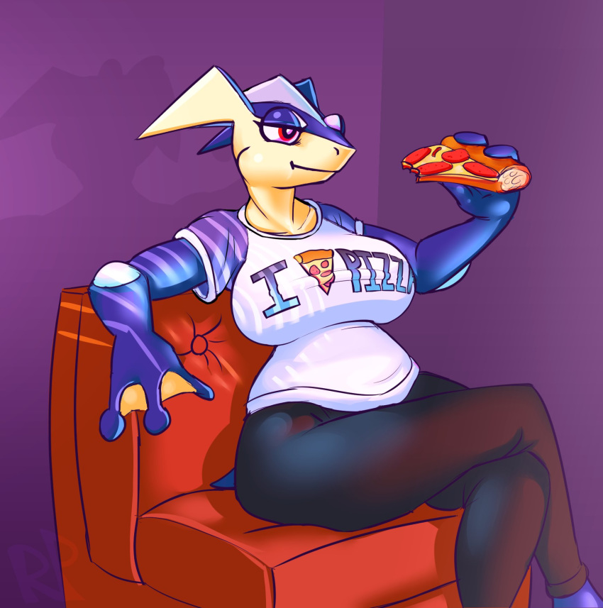 2018 3_fingers amphibian anthro big_breasts breasts clothing crossed_legs eating eyelashes female food greninja gwen_(sirphilliam) half-closed_eyes nintendo pants pizza pok&eacute;mon pok&eacute;mon_(species) red_eyes retro_parasite shirt sitting sofa solo video_games webbed_hands