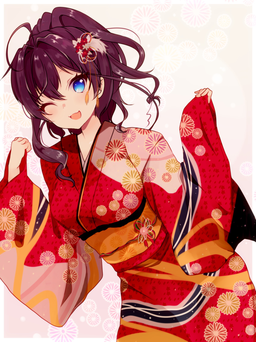 :3 alternate_costume alternate_hairstyle blue_eyes breasts brown_hair highres ichinose_shiki idolmaster idolmaster_cinderella_girls japanese_clothes kimono large_breasts long_hair obi obiage obijime obybuss one_eye_closed open_mouth ponytail sash solo wavy_hair