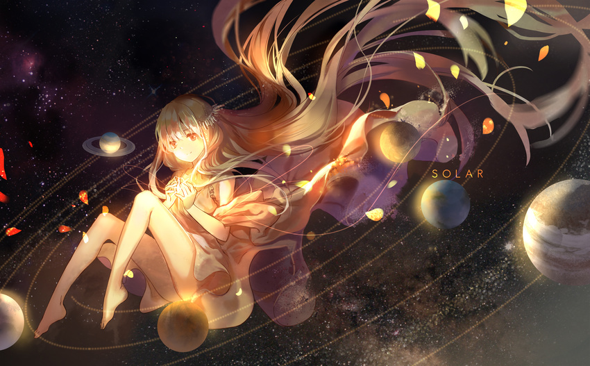 absurdly_long_hair absurdres bangs bare_legs barefoot blonde_hair closed_mouth commentary_request dress earth elise_(piclic) floating_hair full_body highres jupiter long_hair looking_at_viewer mars mercury_(planet) neptune_(planet) orange_eyes original personification planet saturn sleeveless sleeveless_dress smile solar_system solo sun uranus venus very_long_hair yellow_dress