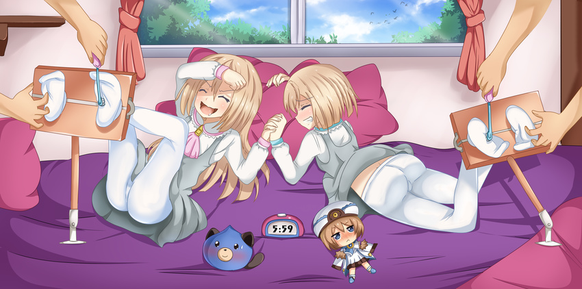 2boys 2girls ass bed blanc blush bound_ankles brown_hair choujigen_game_neptune choujigen_game_neptune_mk2 compile_heart dogoo eyes_closed feet foot_tickling hand_holding idea_factory laughing long_hair lying multiple_boys multiple_girls neptune_(series) no_shoes open_mouth pantyhose pillow planeptune ram_(choujigen_game_neptune) rom_(choujigen_game_neptune) school_uniform shiny shiny_hair short_hair siblings sisters skirt smile soles stuffed_animal stuffed_toy tickling toes twins