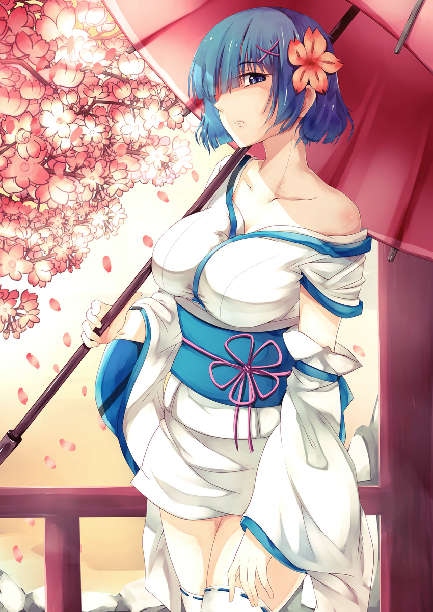 absurdres bangs bare_shoulders blue_eyes blue_hair blunt_bangs breasts cherry_blossoms flower gosledging hair_flower hair_ornament hair_over_one_eye highres japanese_clothes kimono large_breasts looking_at_viewer obi off_shoulder oriental_umbrella parted_lips re:zero_kara_hajimeru_isekai_seikatsu rem_(re:zero) ribbon-trimmed_legwear ribbon_trim sash short_hair short_kimono solo thighhighs umbrella white_legwear x_hair_ornament zettai_ryouiki