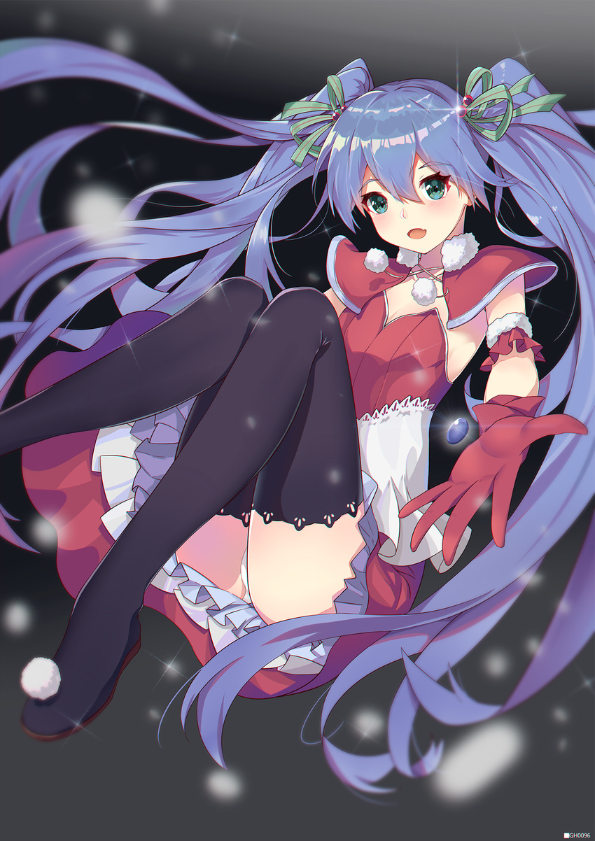 absurdly_long_hair black_legwear blue_hair bow breasts capelet cleavage dress eyebrows_visible_through_hair gh_(chen_ghh) gloves green_eyes green_ribbon hair_bow hair_ribbon hatsune_miku highres long_hair open_mouth panties red_dress red_gloves ribbon sideboob sleeveless sleeveless_dress small_breasts snow solo strapless strapless_dress thighhighs twintails underwear very_long_hair vocaloid white_panties