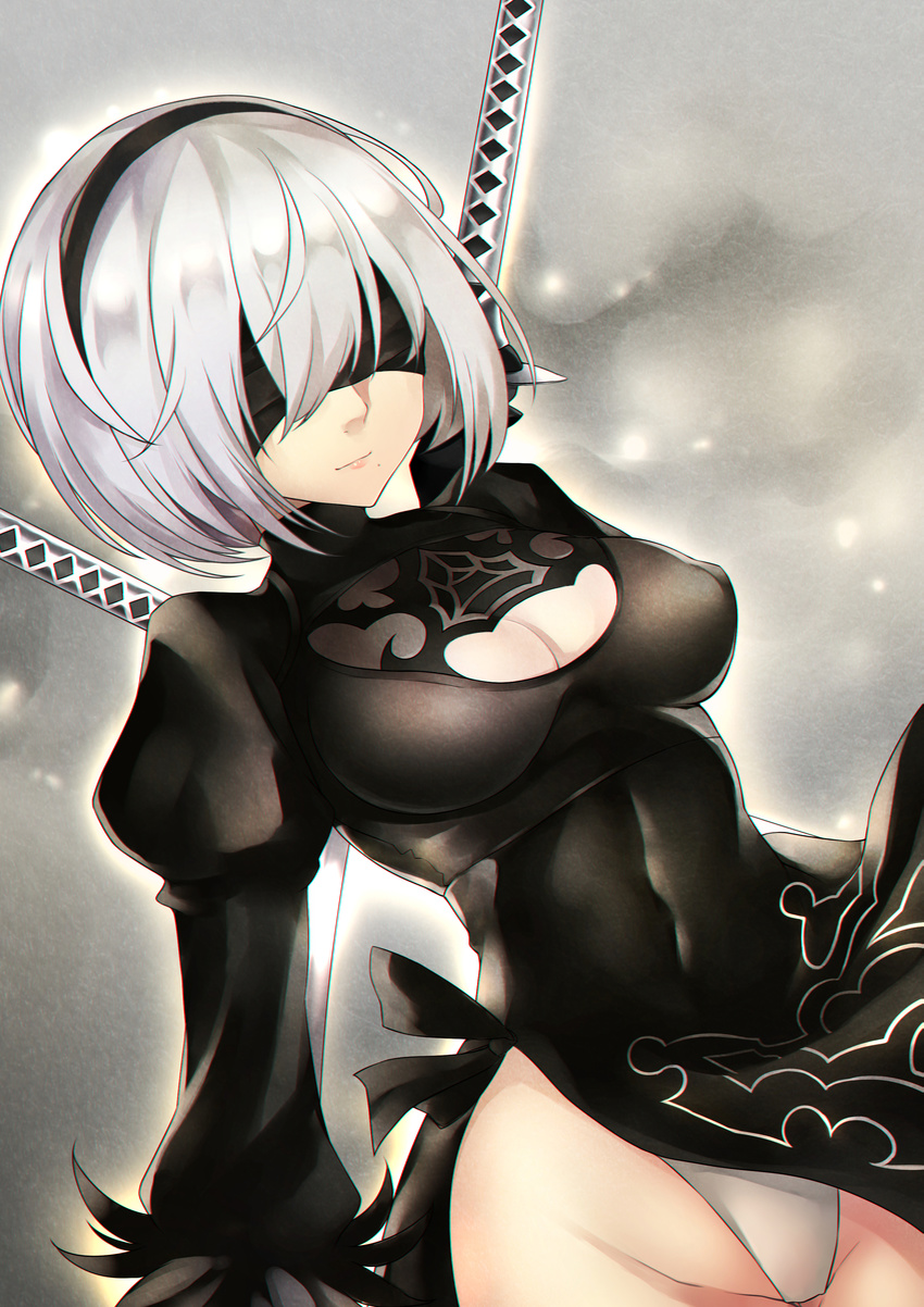 28aarts absurdres black_dress blindfold breasts cleavage cleavage_cutout covered_navel cowboy_shot dress gloves hairband highleg highleg_leotard highres juliet_sleeves large_breasts leotard long_sleeves mole mole_under_mouth nier_(series) nier_automata puffy_sleeves short_hair silver_hair solo sword thigh_gap weapon weapon_on_back white_leotard yorha_no._2_type_b