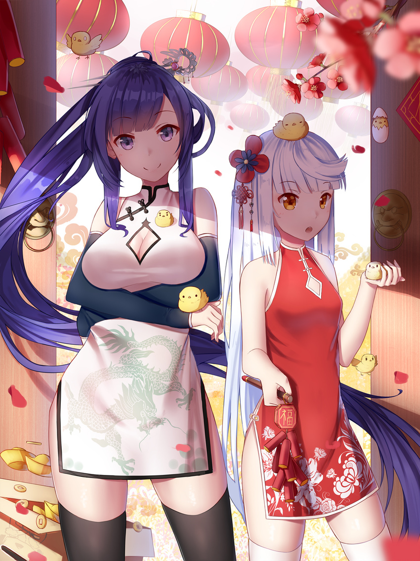 bangs bare_shoulders bird black_legwear blue_hair blunt_bangs breast_hold breasts chick china_dress chinese_clothes cleavage cleavage_cutout coin crossed_arms detached_sleeves dress flower hair_flower hair_ornament highres ji_dao_ji lantern large_breasts le_fantasque_(zhan_jian_shao_nyu) long_hair looking_at_viewer multiple_girls paper_lantern ponytail purple_eyes shinano_(zhan_jian_shao_nyu) side_slit small_breasts smile thighhighs too_many too_many_chicks very_long_hair white_hair white_legwear yellow_eyes zettai_ryouiki zhan_jian_shao_nyu