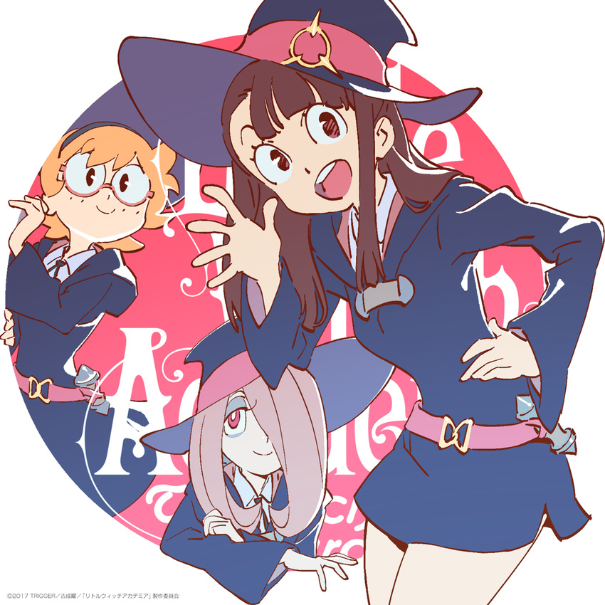 bangs blunt_bangs bright_pupils brown_eyes brown_hair circle dress hair_over_one_eye hairband hand_on_hip hat highres kagari_atsuko little_witch_academia logo lotte_jansson luna_nova_school_uniform multiple_girls official_art orange_hair pale_skin pink_eyes purple_hair school_uniform short_dress short_hair simple_background smile sucy_manbavaran trigger_(company) triggertop watermark waving white_background witch_hat yoshinari_you