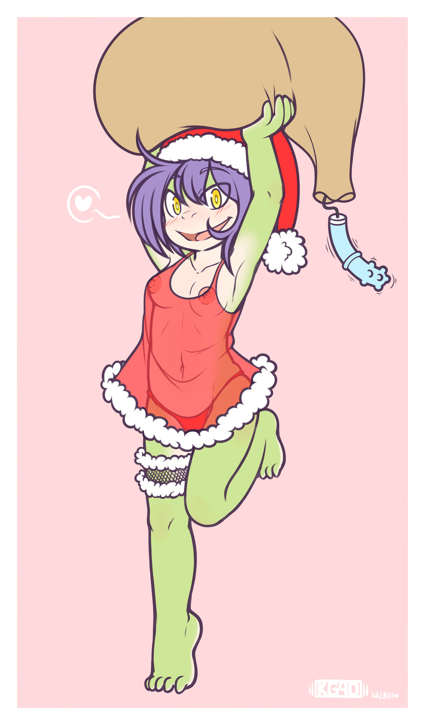 &lt;3 2016 5_toes absurd_res amphibian armpits barefoot blush breasts christmas clothed clothing dildo feet female fingers frog gaoru green_skin hair hands_above_head hat hi_res holidays lingerie looking_at_viewer navel nipples on_one_leg open_mouth panties pink_background purple_hair sack santa_hat sex_toy short_hair simple_background small_breasts smile solo standing toes tongue translucent transparent_clothing underwear vibrator yellow_eyes