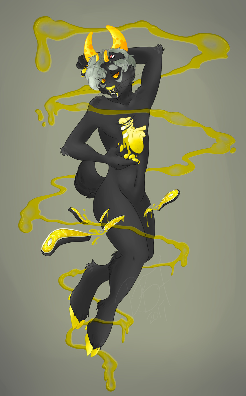 &lt;3 antelope black_fur blood bone claws drooling feline fur horn hybrid ket male mammal organs paws pukeytwink saliva simple_background solo teeth yellow_blood yellow_nose