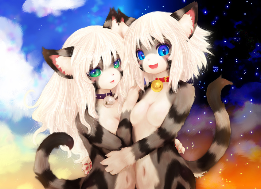 2girls blonde_hair blue_eyes cat female furry green_eyes multiple_girls tashiro_yuu