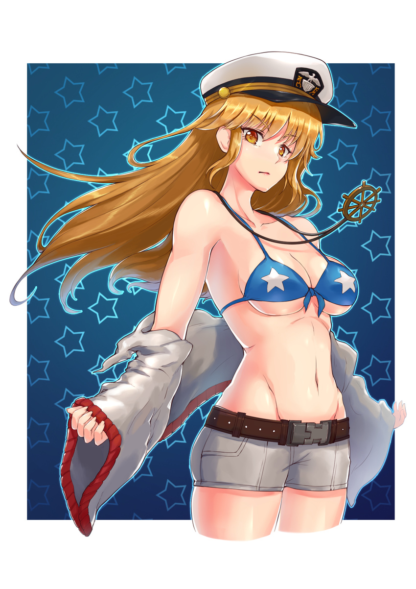 armpits belt bikini bikini_top blonde_hair blue_background blue_bikini breasts cleavage closed_mouth collarbone cropped_legs e_neko eyebrows_visible_through_hair hat highres houston_(zhan_jian_shao_nyu) jewelry large_breasts legs_together lipstick long_hair looking_at_viewer makeup military_hat navel necklace outside_border peaked_cap removing_jacket ship's_wheel shorts solo standing star star_print swimsuit white_hat white_shorts yellow_eyes zhan_jian_shao_nyu