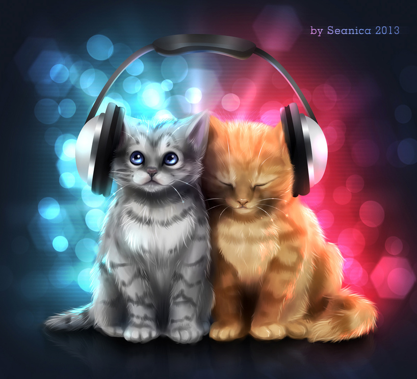 2013 ambiguous_gender blue_eyes cat duo eyes_closed feline feral fur grey_fur headphones mammal paws seanica sitting tan_fur whiskers